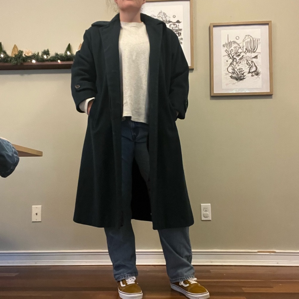 Dark green/teal, two button wool coat with silky lining. Vintage. Union made.